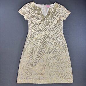 Lilly Pulitzer Milannia Shift Dress Womens 2 Gold Metallic Zebra Stripe Jacquard